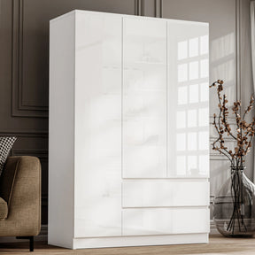 [White] High gloss 3 door wardrobe with drawers in white featuring handleless push-open doors and two bottom drawers