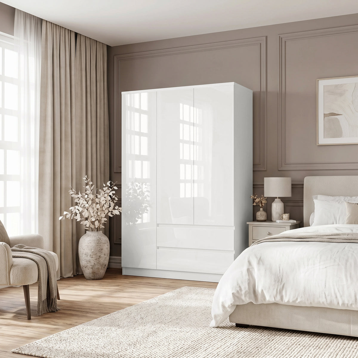 [White] High gloss 3 door wardrobe with drawers in white featuring handleless push-open doors and two bottom drawers in a modern bedroom