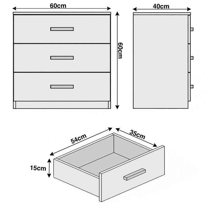 [White] Front view of white bedroom drawers' dimensions and details