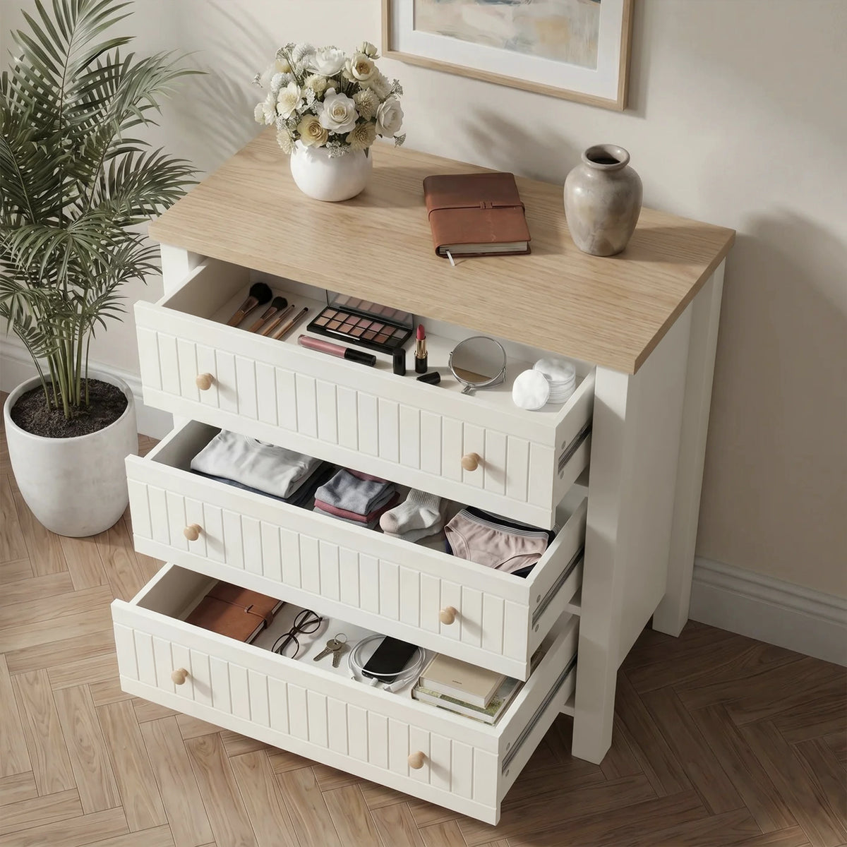 [White] Linra White Painted 3 Piece Bedroom Furniture Set - Oak Top high-angle view with three chest drawers pulled out.