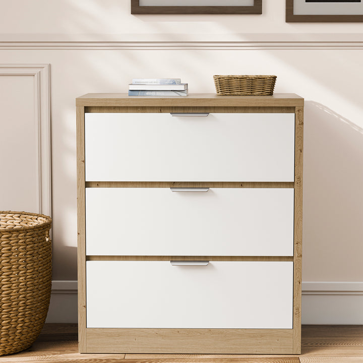 [Oak+White] Skova 3 Piece Bedroom Furniture Set chest of drawers with three white drawers and oak-effect frame