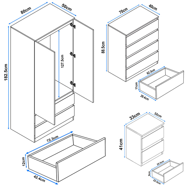 [White] 3 piece set dimensions: wardrobe 182.5x80x50cm, chest 88.5x70x40cm, bedside 41x33x32cm