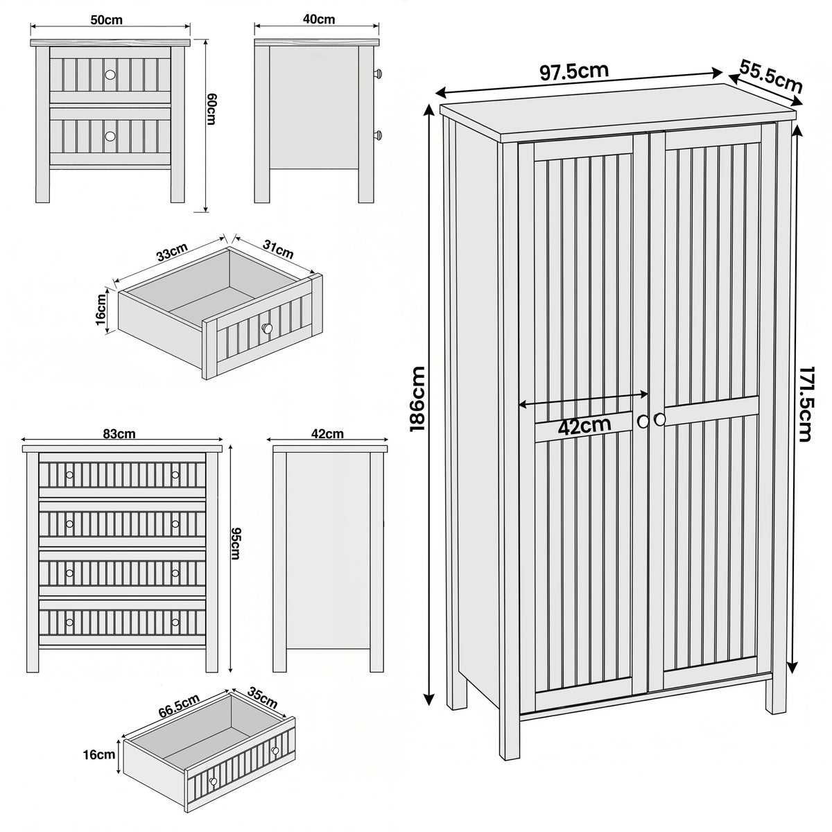 [White] Linra 3 piece dimensions: wardrobe 97.5x55.5x186cm, chest 83cm wide, bedside 50x40x60cm shown