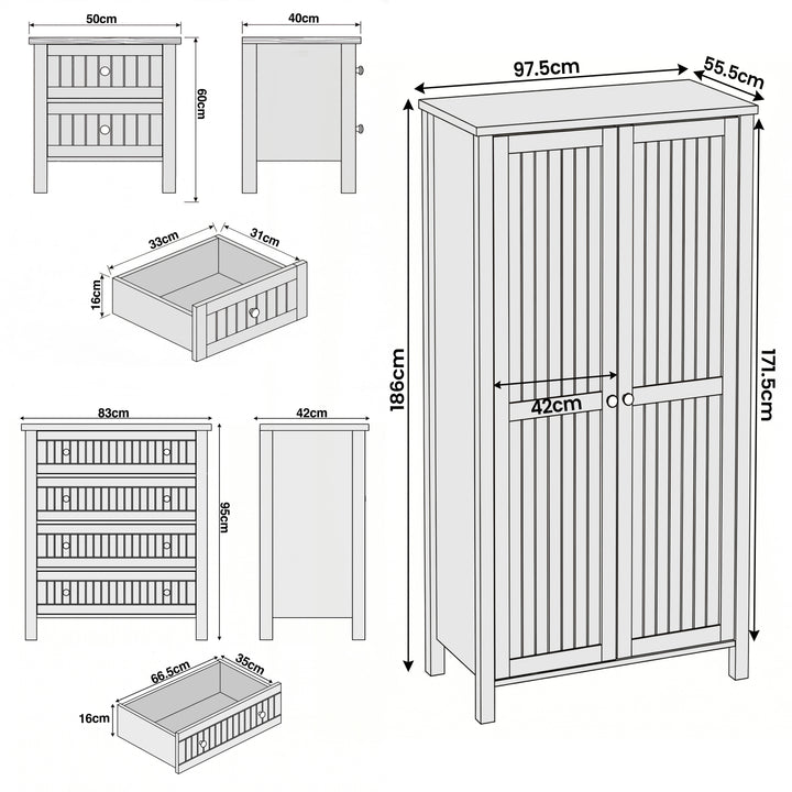 [White] Linra 3 piece dimensions: wardrobe 97.5x55.5x186cm, chest 83cm wide, bedside 50x40x60cm shown