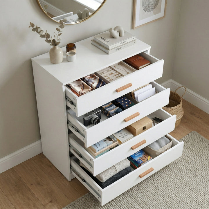 [White]  four drawer chest shown at angle with drawers open, revealing depth and usable storage space