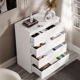 [White] White High Gloss 4 Drawer Chest of Drawers with all four drawers pulled open showing folded clothes inside.