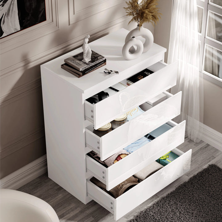 [White] White High Gloss 4 Drawer Chest of Drawers with all four drawers pulled open showing folded clothes inside.
