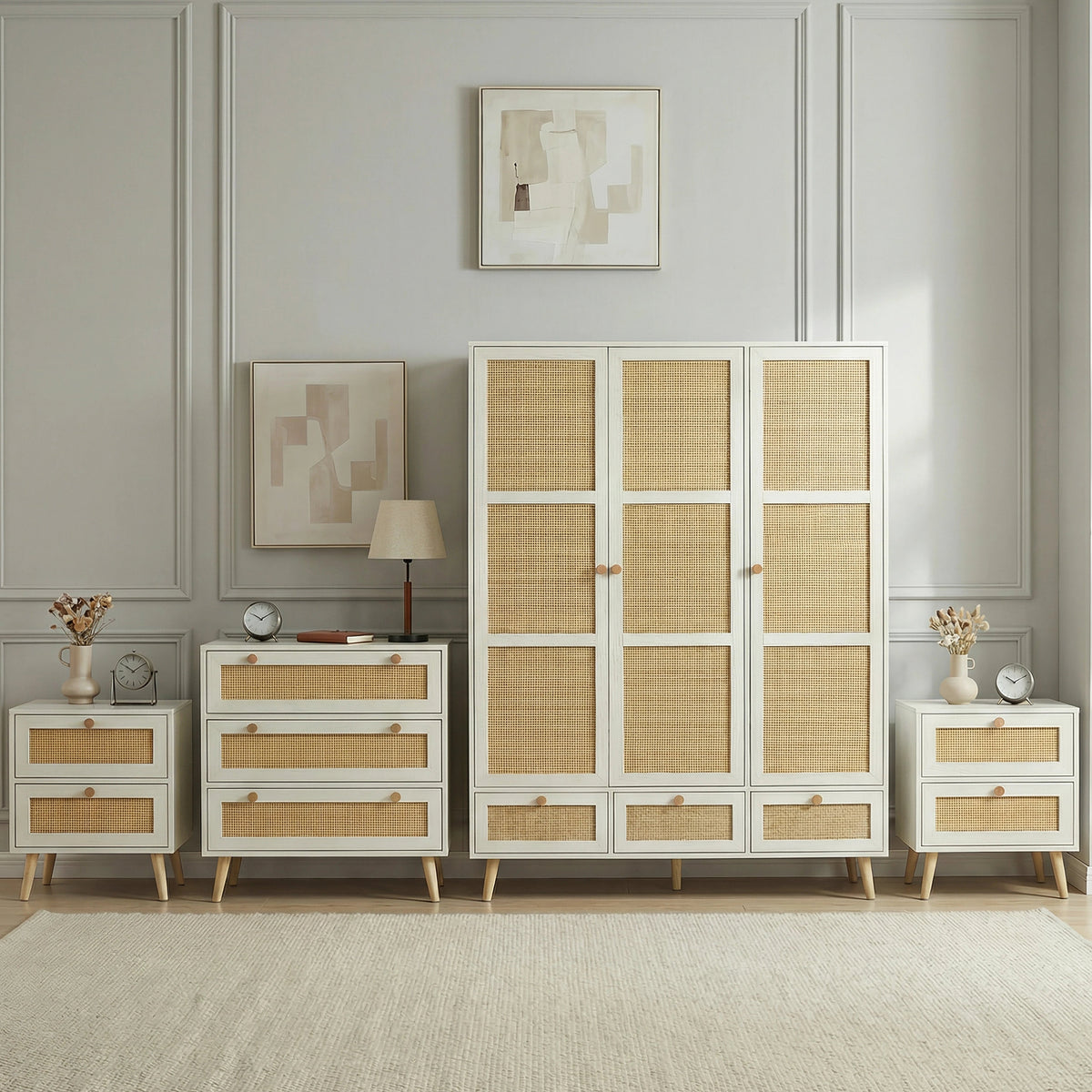 [White] Wovena white 4 piece bundle: 3 door wardrobe centred between 3 drawer chest and two 2 drawer bedsides