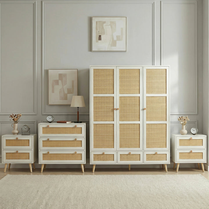 [White] Wovena white 4 piece bundle: 3 door wardrobe centred between 3 drawer chest and two 2 drawer bedsides