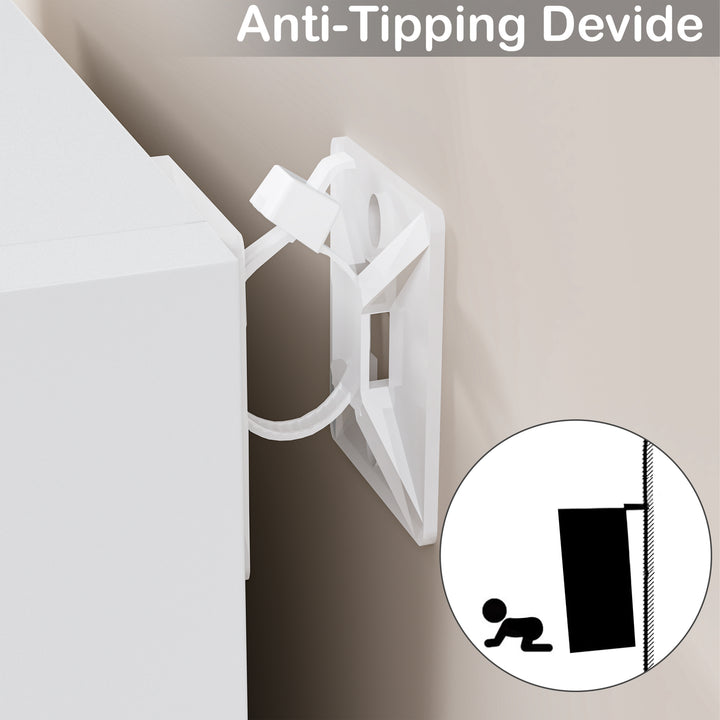 [4 Shelf | White] anti-tip bracket on white-grain 106cm-tall tall bookcase top edge, near bright airy lounge