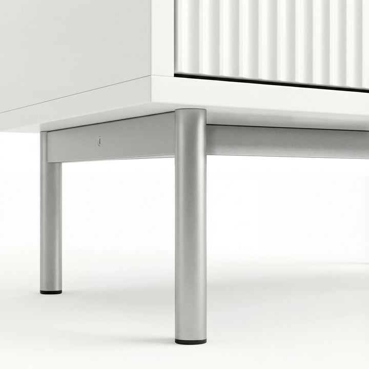 [White] 5 drawer chest, lower section showing silver metal legs and corner frame construction
