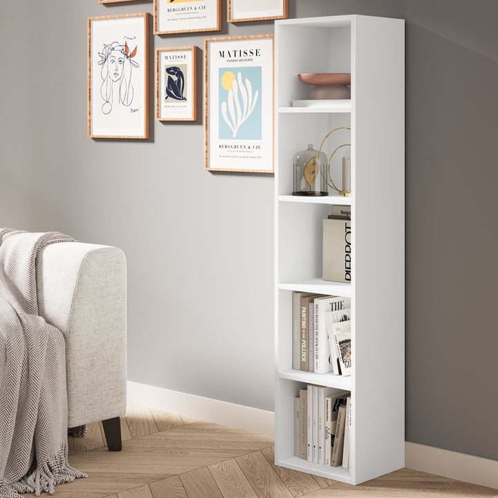 [5 Shelf | White] angled view of white-grain 132cm-tall full bookcase in bright airy lounge