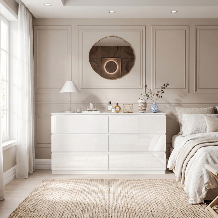 [White] High gloss 6 drawer chest front view showing wide profile in bedroom setting.