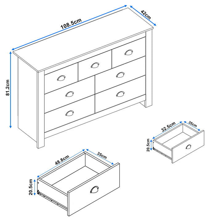 [White] Measurement chart of a dresser with dimensions labeled