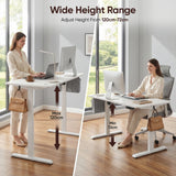 [140cm x 60cm] Two-pane shot of 140x60cm white electric standing desk: woman standing at 120cm and seated at 72cm