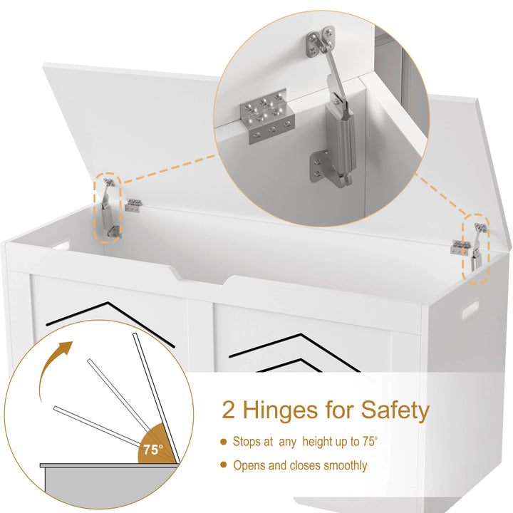 [White] White storage box with hinges and safety features highlighted on a white background