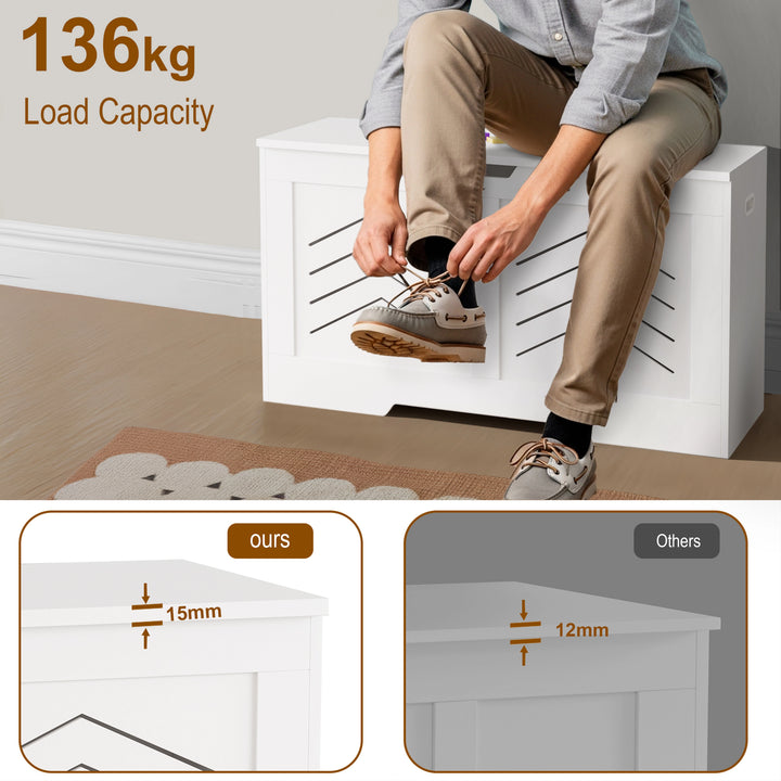 [White] Storage Chest - Wooden Box With Lid For Blankets, Clothes or Toys supports 136kg load, shown used as bench with 15mm thick top panel for durability.