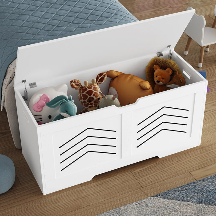[white] arrow herringbone carved design storage chest with decorative front panel in styled bedroom