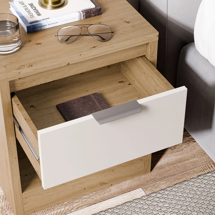 [Oak+White] Skova 3 Piece Bedroom Set bedside table with open drawer, oak finish and white front,