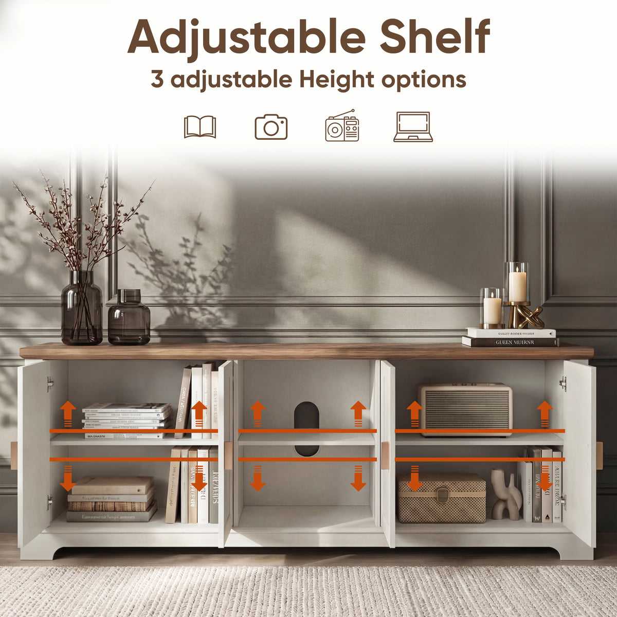 [White | 170cm] Bellford TV unit with all doors open and arrows indicating three adjustable shelf heights throughout