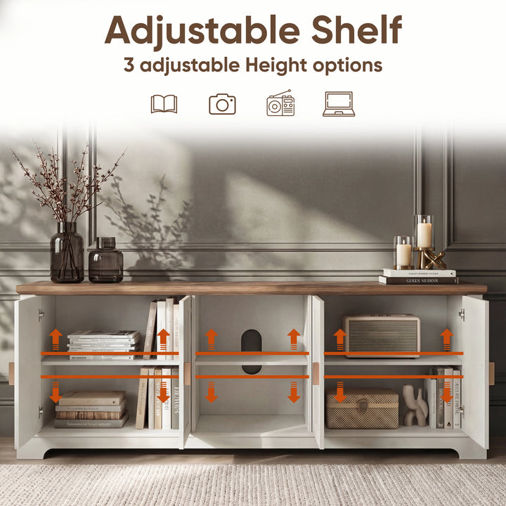[White | 170cm] Bellford TV unit with all doors open and arrows indicating three adjustable shelf heights throughout