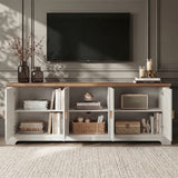 [White | 170cm] Bellford TV unit with all doors open in a dark-walled room showing books, vases, speaker, and baskets