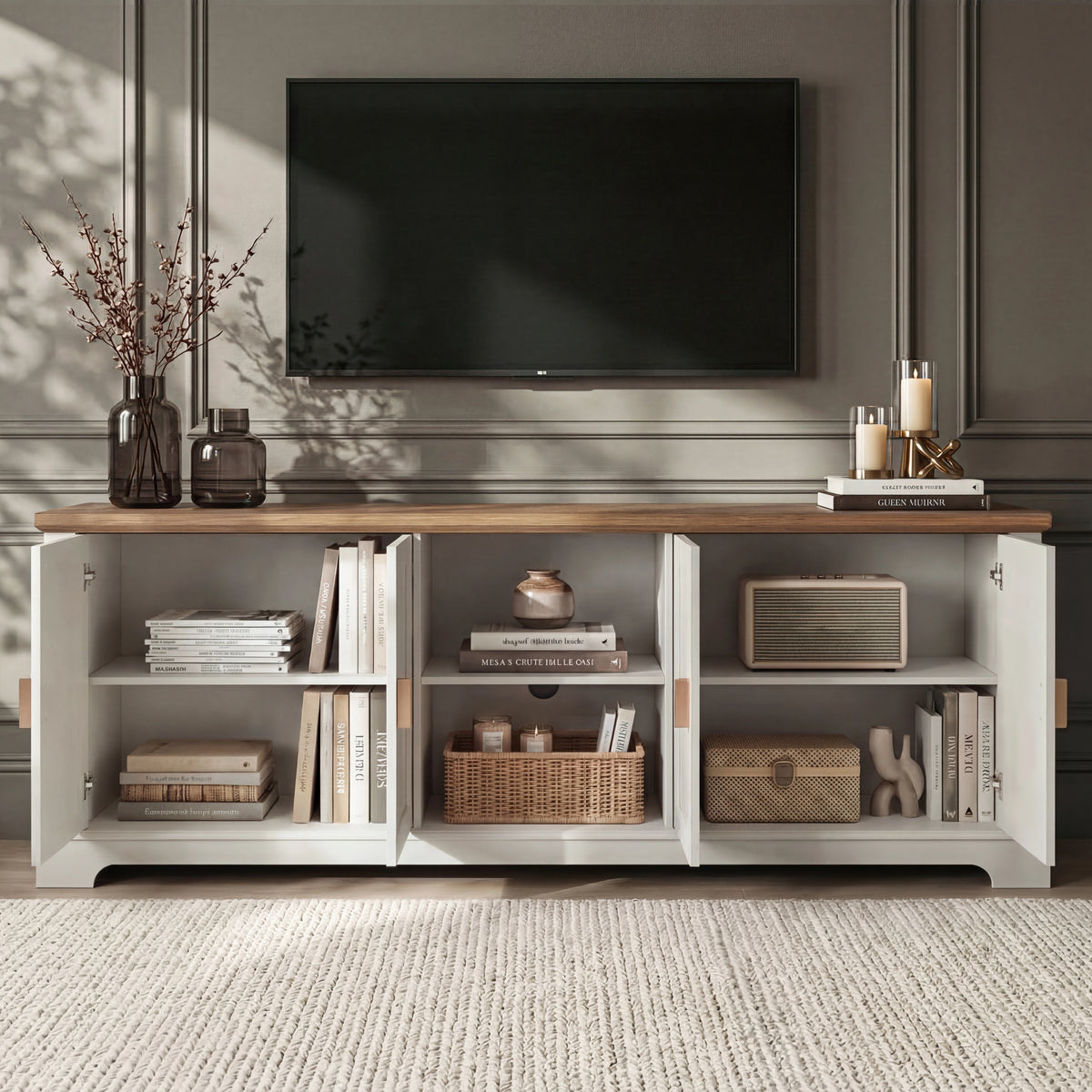 [White | 170cm] Bellford TV unit with all doors open in a dark-walled room showing books, vases, speaker, and baskets