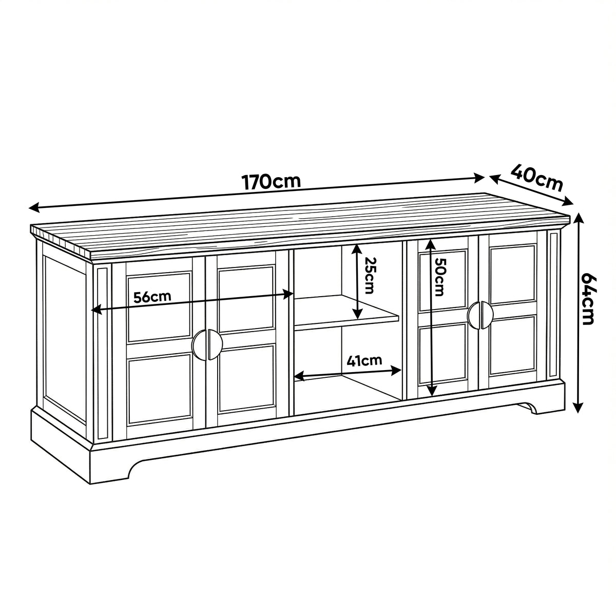 [White | 170cm] Bellford TV unit measurements showing W170 x D40 x H64cm with 56cm door section and 41cm open bay