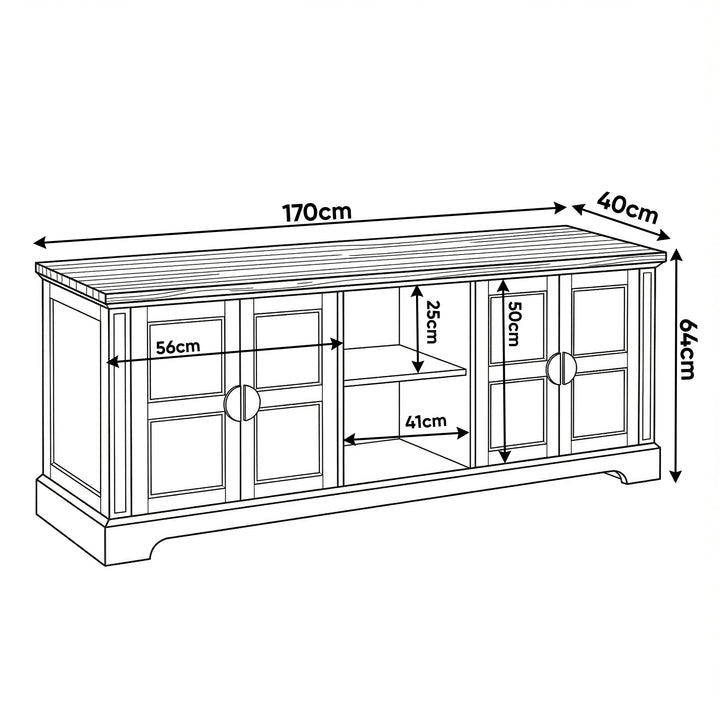 [White | 170cm] Bellford TV unit measurements showing W170 x D40 x H64cm with 56cm door section and 41cm open bay