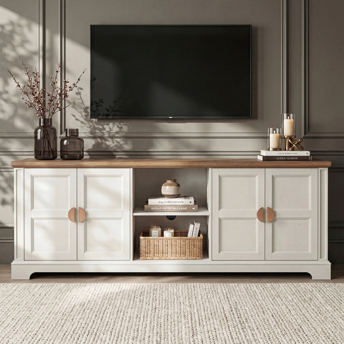 [White | 170cm] Bellford TV unit front view in a dark panelled room with doors closed, TV above, and styled shelves