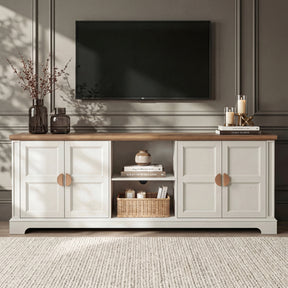 [White | 170cm] Bellford TV unit front view in a dark panelled room with doors closed, TV above, and styled shelves