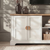 [White | 170cm] Bellford close-up of golden half-moon handle on white shaker door panels with glass vases on the top