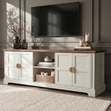 [White | 170cm] Bellford TV unit front view from a wider angle with doors closed, TV mounted above, and textured rug