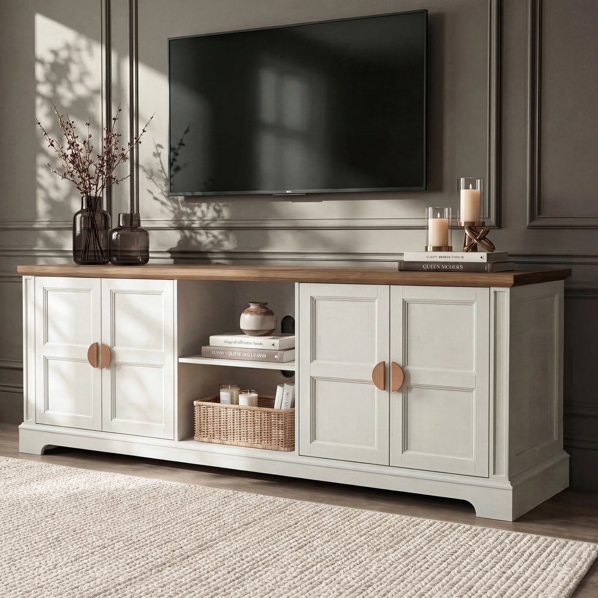 [White | 170cm] Bellford TV unit front view from a wider angle with doors closed, TV mounted above, and textured rug
