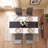 [4 Seater | Grey] White & Black Gloss 4-6 Seater Dining Table photographed from directly above with four grey chairs and four beige
