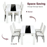 [4 Seater | White] White & Black Gloss 4-6 Seater Dining Table shown in stored and in-use configurations with four white faux-leather chairs on a white background