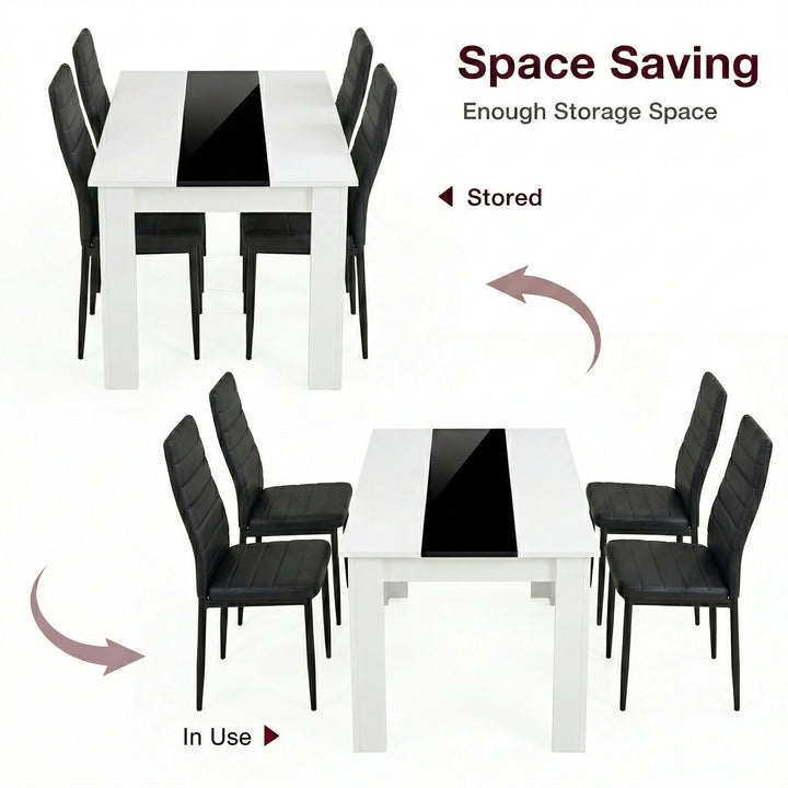 [4 Seater | Black] White & Black Gloss 4-6 Seater Dining Table shown in stored and in-use configurations with four black faux-leather chairs on a white background