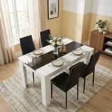 [4 Seater | Black] White & Black Gloss 4-6 Seater Dining Table viewed from above with four black faux-leather chairs 