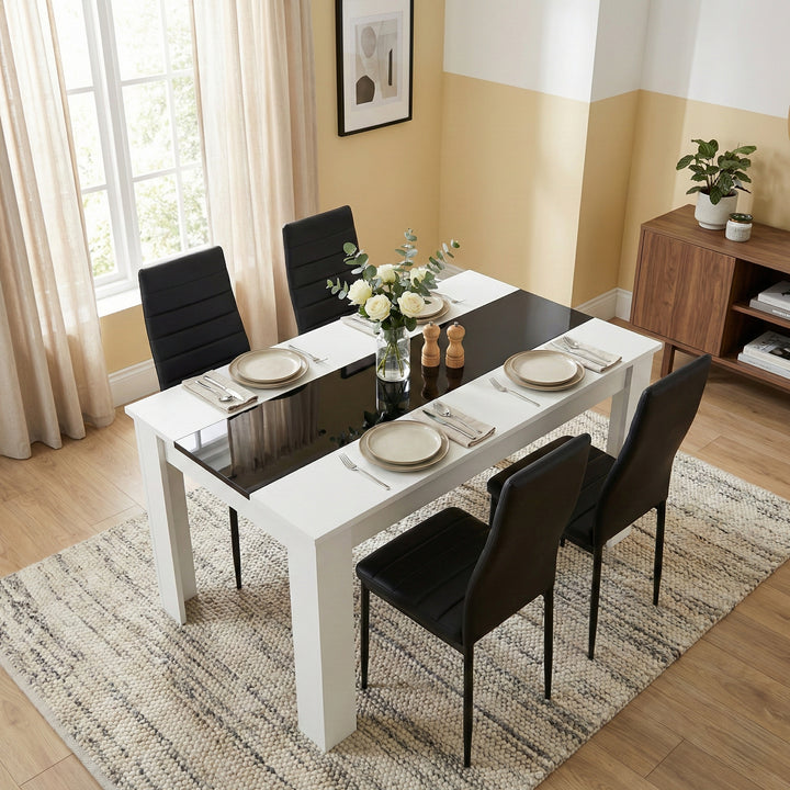 [4 Seater | Black] White & Black Gloss 4-6 Seater Dining Table viewed from above with four black faux-leather chairs 