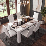[6 Seater | White] White & Black Gloss 4-6 Seater Dining Table shown from an elevated angle with six chairs, rose-gold dinnerware, and pendant chandelier above