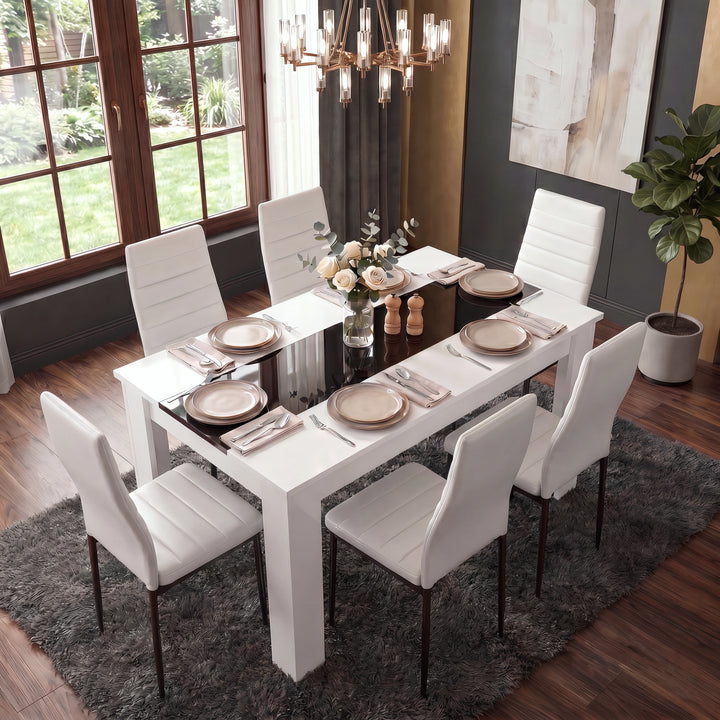 [6 Seater | White] White & Black Gloss 4-6 Seater Dining Table shown from an elevated angle with six chairs, rose-gold dinnerware, and pendant chandelier above
