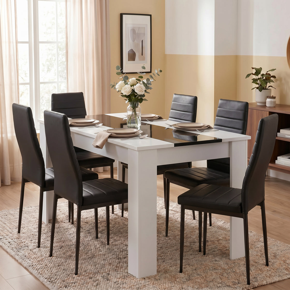 [6 Seater | Black] White & Black Gloss 4-6 Seater Dining Table set with six black faux-leather chairs on a woven rug in a warm, light-filled dining room