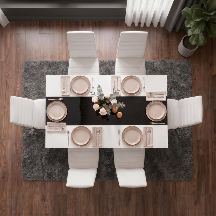 [6 Seater | White] White & Black Gloss 4-6 Seater Dining Table photographed from above, showing six place settings with blush plates and a floral centrepiece