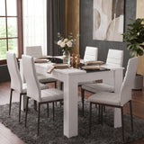 [6 Seater | White] White & Black Gloss 4-6 Seater Dining Table arranged with six chairs and casual place settings in a modern grey dining space with large window