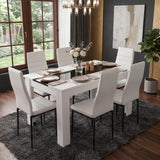 [6 Seater | White] White & Black Gloss 4-6 Seater Dining Table styled with six white faux-leather chairs, placed on a dark shag rug in a contemporary dining room