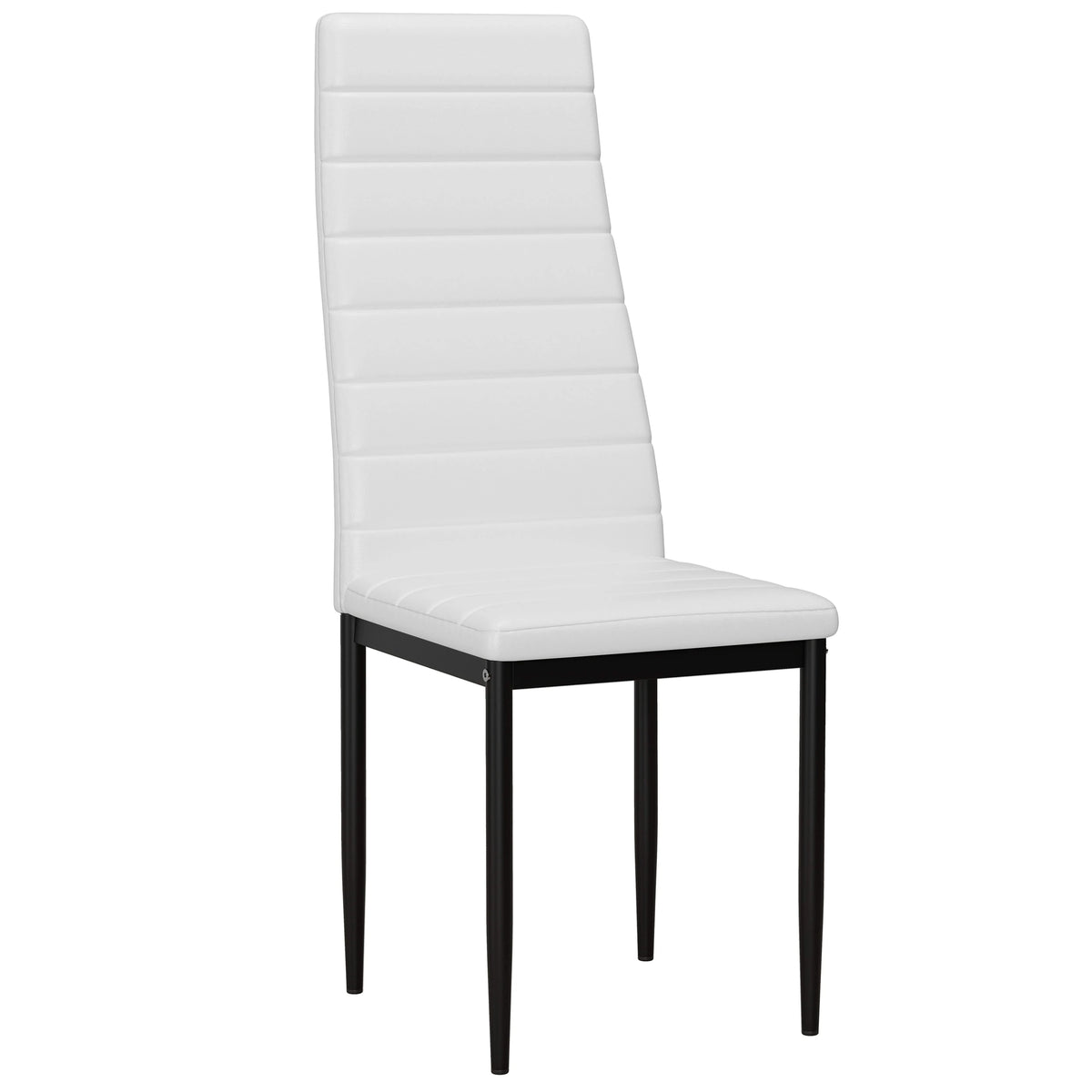 [6 Seater | White] single white PU dining chair from the set: ribbed high back, padded seat, slim black metal legs