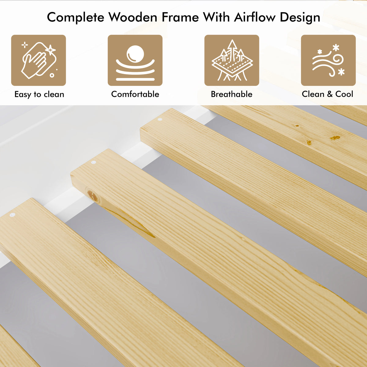 [White + Pine] bunk bed Slatted base detail with evenly spaced pine slats and airflow design for mattress ventilation