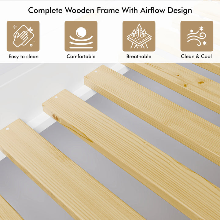 [White + Pine] bunk bed Slatted base detail with evenly spaced pine slats and airflow design for mattress ventilation
