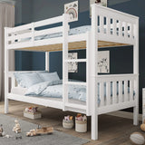 [White] Detachable bunk bed single with safety rails and ladder placed in a kid's bedroom corner with toys all around