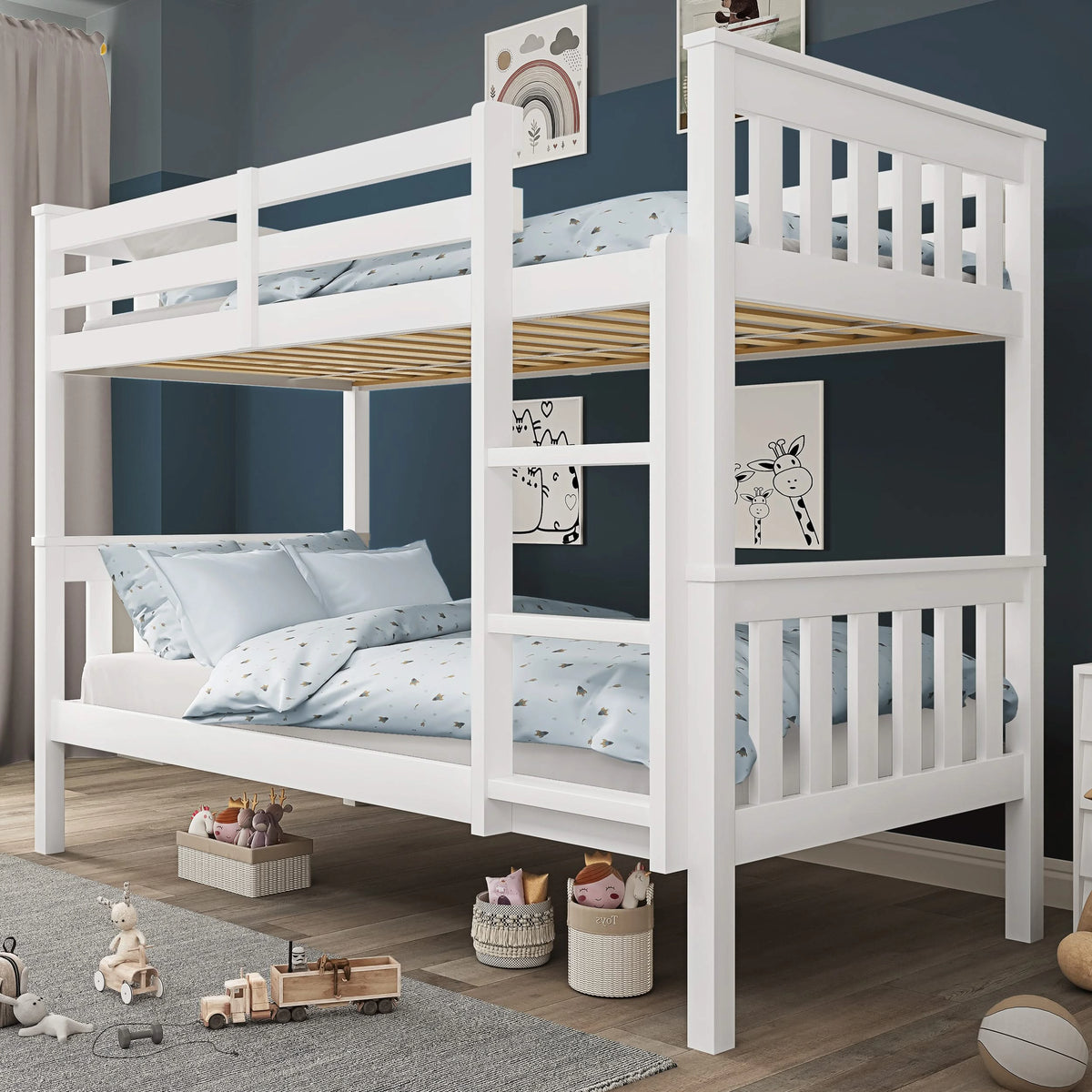 [White] Detachable bunk bed single with safety rails and ladder placed in a kid's bedroom corner with toys all around